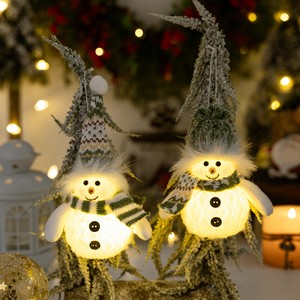 Christmas Decor Winter Snowman Figurine Green Knit Hat Doll with Lights - Image 5