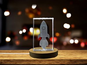 Rocket Space Ship 3D Engraved Crystal Recognition Trophy Award with LED Base - Ideal Gift for Space