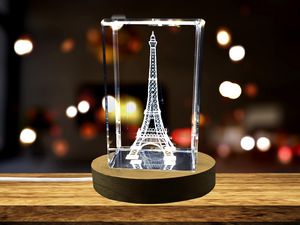 Eiffel Tower 3D Engraved Crystal Keepsake Recognition Award with LED Base - Paris Souvenir