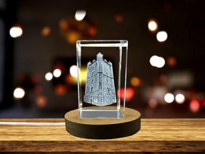 Saint-Riquier Belfry 3D Engraved Crystal Award - Architectural Art Recognition with LED Base