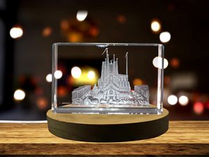 Sagrada Família 3D Engraved Crystal Keepsake Trophy Award Recognition with LED Base - Premium