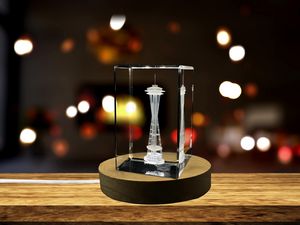 Space Needle 3D Engraved Crystal Trophy Award Recognition - LED Base Included, Iconic Seattle
