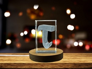 Tau Greek Alphabet Letter 3D Engraved Crystal Trophy Award with LED Base Recognition - Multiple