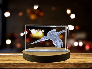 Pheasant Majesty 3D Crystal Recognition Award | Handcrafted Keepsake with Illuminating LED Base