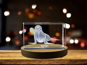 Sea Lion Serenade 3D Engraved Crystal Recognition Trophy - Handmade in Canada with Free LED Base