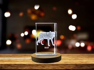 Wild Spirit Recognition Trophy Award | 3D Engraved Crystal Wolf Keepsake with LED Base