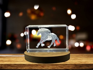 Gypsy Vanner Horse Recognition Trophy - Exquisite 3D Engraved Crystal with LED Base