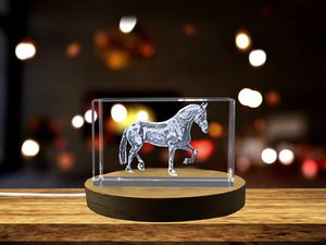 Elegant Mustang Horse Recognition Trophy - 3D Laser Engraved Crystal Sculpture With LED Base