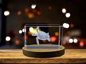 Hawksbill Sea Turtle Crystal Paperweight Recognition Award - Engraved Marine Art Decor