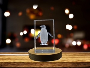 Northern Rockhopper Penguin 3D Engraved Crystal Trophy Award With LED Base Recognition Gift