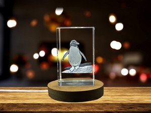 Southern Rockhopper Penguin 3D Crystal Trophy Recognition - Elegant Decor with LED Base