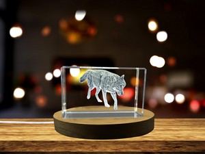 Majestic Eurasian Wolf 3D Engraved Crystal Trophy Award Recognition - LED Base & Gift Box