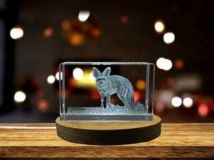 Bat-Eared Fox 3D Engraved Crystal Trophy Award - Recognition for Nature Lovers with LED Base