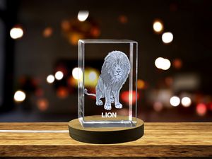 Majestic Lion Crystal Carvings With Recognition | Exquisite 3D Etched Crystal Art & LED Base Light