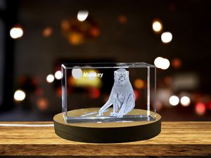 Playful Monkey Crystal Trophy Awards | Recognition Etched Gem Sculptures for Nature Lovers