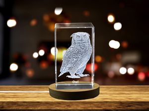 Wise Owl Crystal Trophy Award - Recognition with Exquisite Laser-Engraved Nocturnal Raptors in 3D